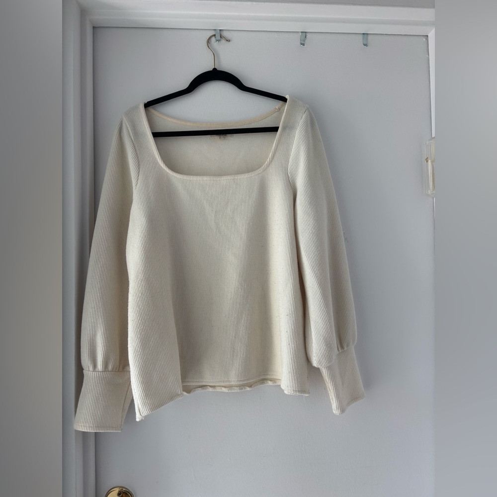 🤍Madewell Cream Ribbed Square Neck Long Sleeve Top Balloon Sleeve XL